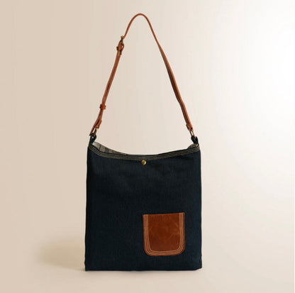 Leather Lilly Pocket Tote - Dark Blue
